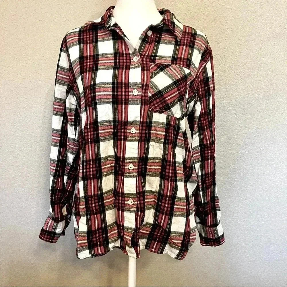 Time and Tru Christmas holiday colored plaid flannel shirt women's small (4-6)